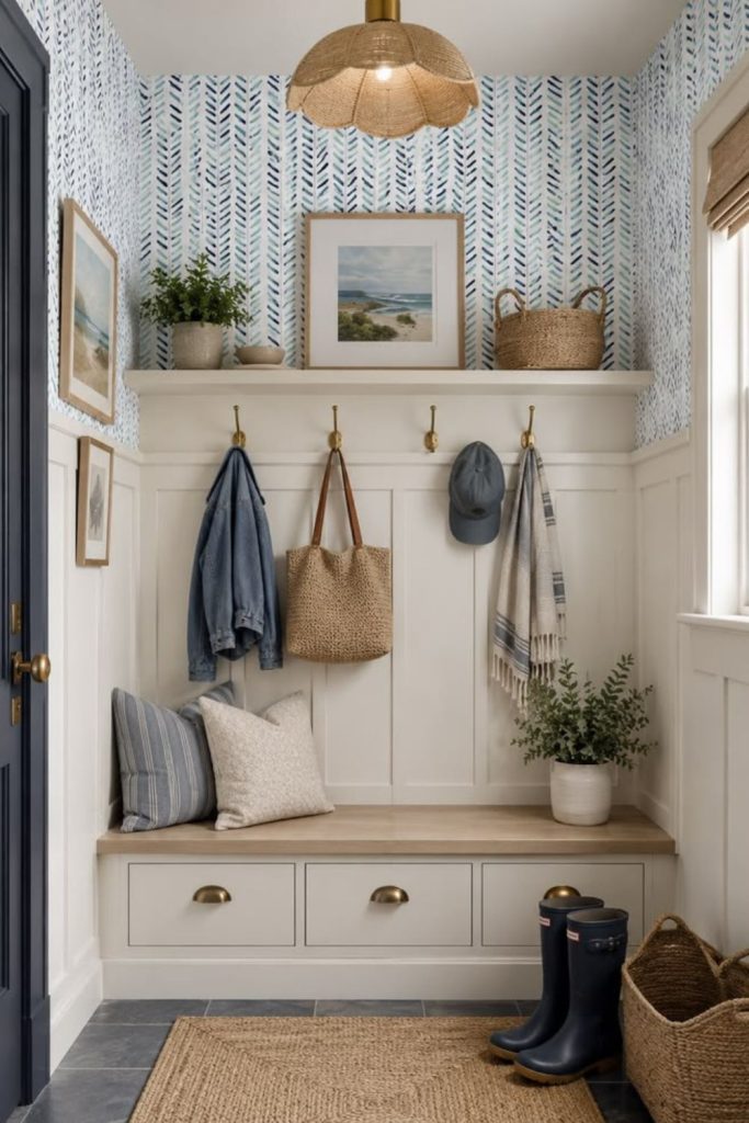 Coastal-inspired mudroom entryway design