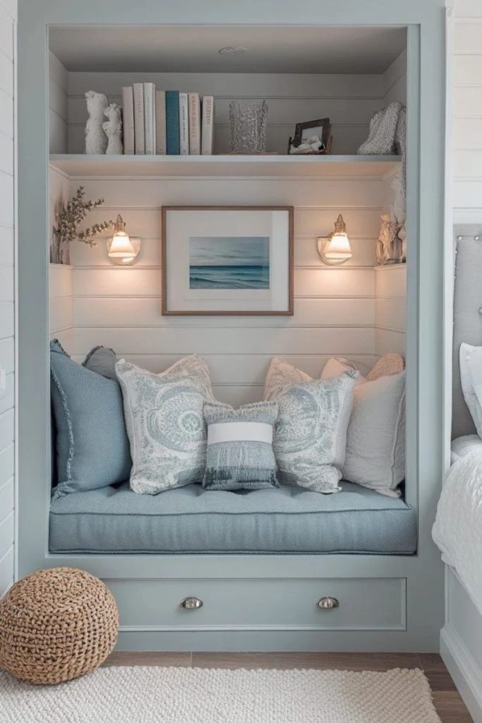 Coastal blue cozy reading alcove.