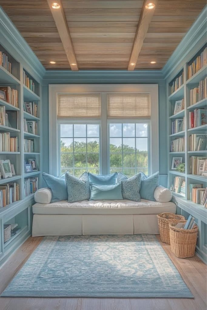 Coastal reading room with soft blue.