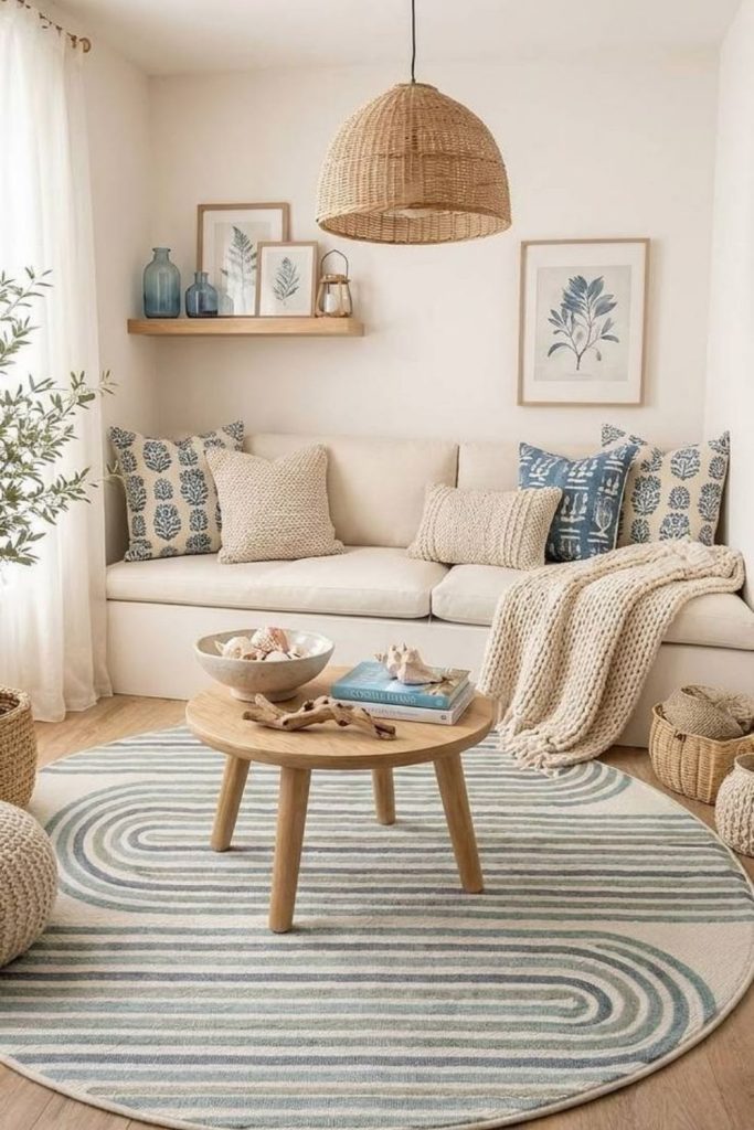 Coastal snug room with sandy tones.