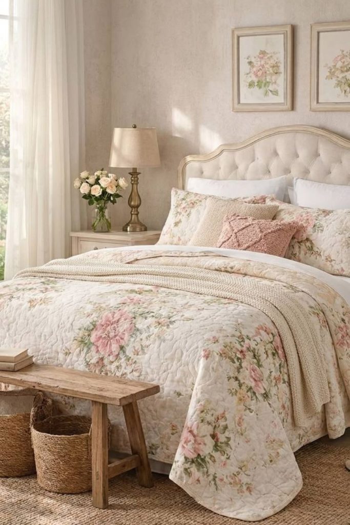 Collected grandmillennial bedroom haven.
