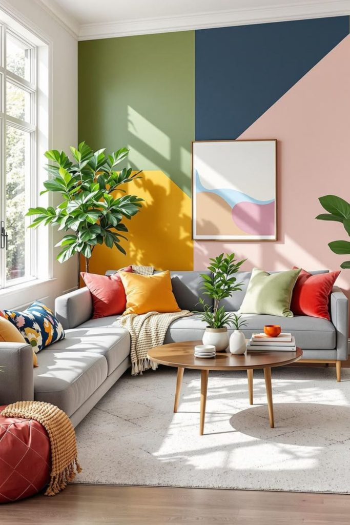Color-blocked contemporary broken plan living room.