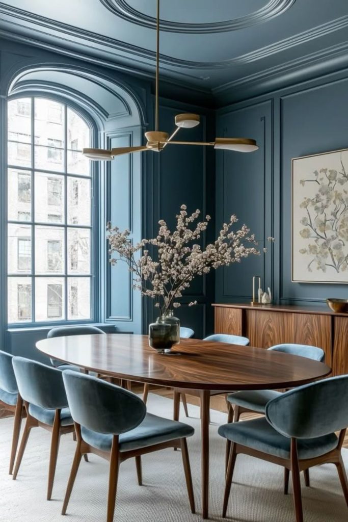 Color-drenched dining room with bold walls.