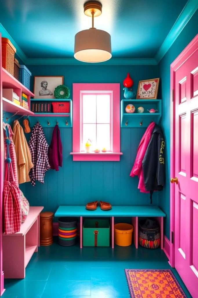 Colorful family mudroom drop zone