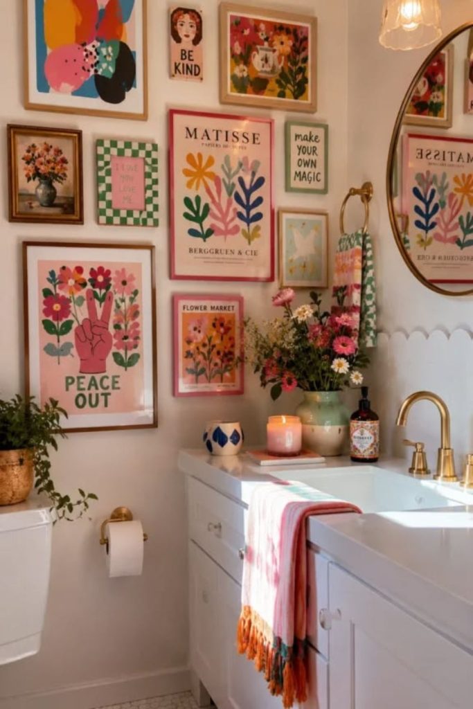 Colorful retro bathroom gallery wall