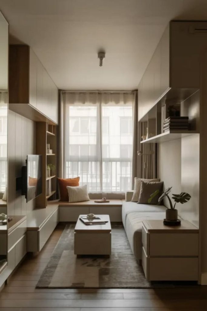 Compact apartment broken plan living room.