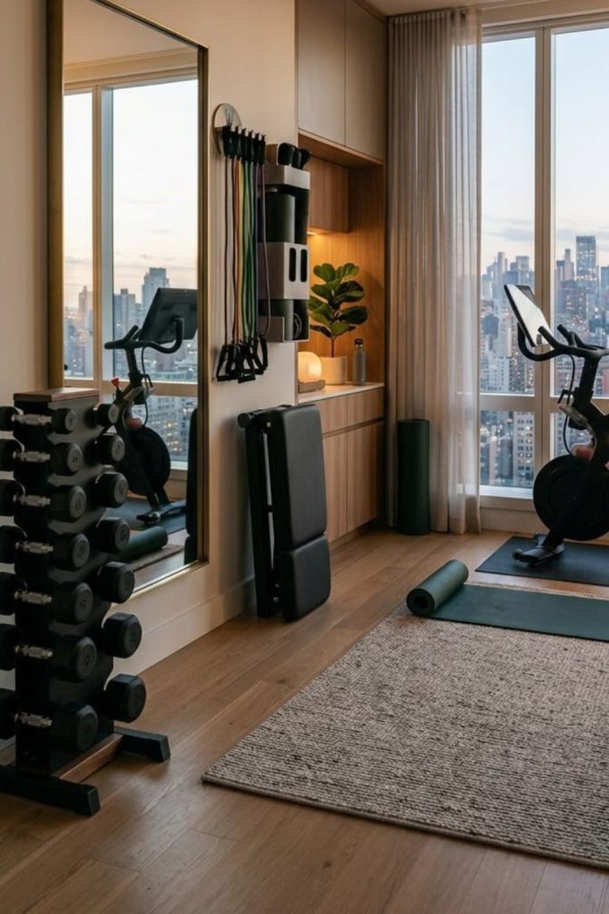 Compact apartment gym setup idea.