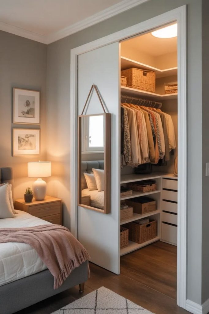 Compact clever walk-in wardrobe storage.