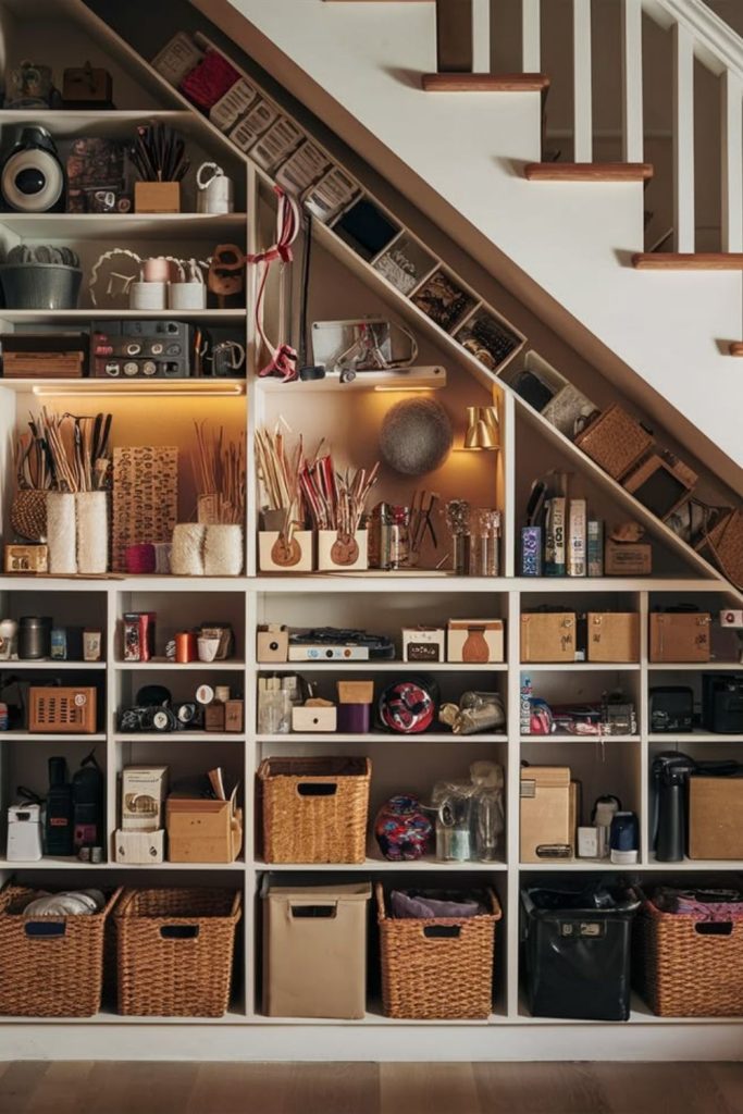 Compact craft storage cupboard beneath stairs.