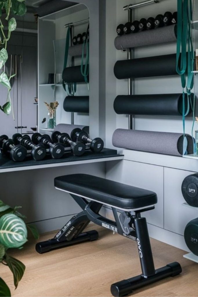 Compact box room home gym setup.