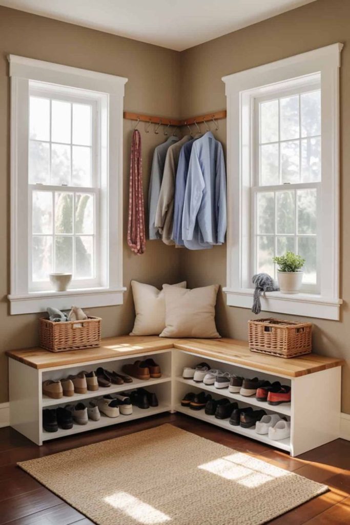 Compact utility boot room storage corner.