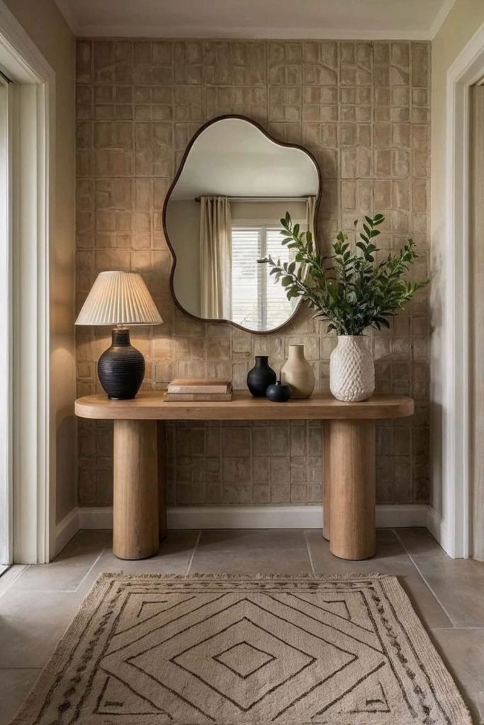 Curved modern entryway with round mirror