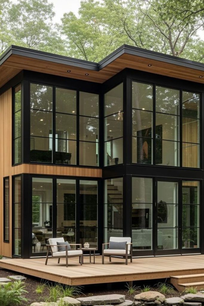 Contemporary glass front small residence.