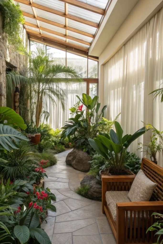 Contemporary indoor jungle conservatory with plants.