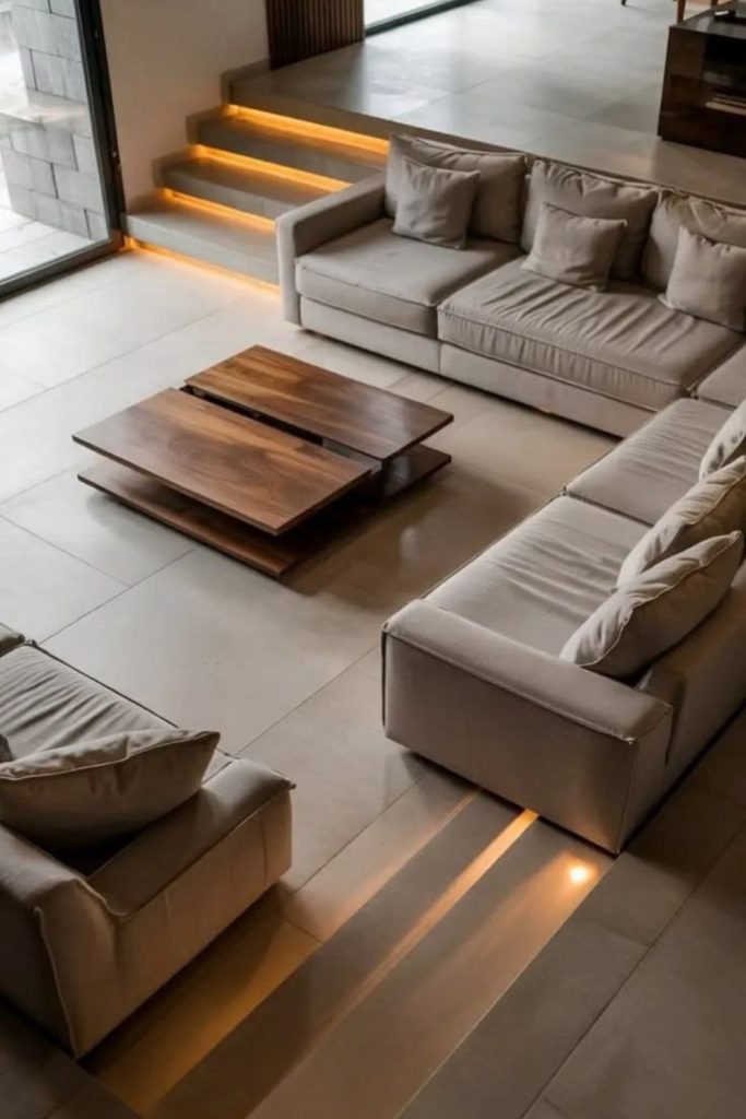 Contemporary sunken broken plan living room.