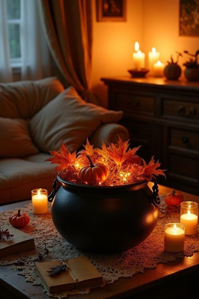 Antique copper cauldrons with autumn pumpkins.