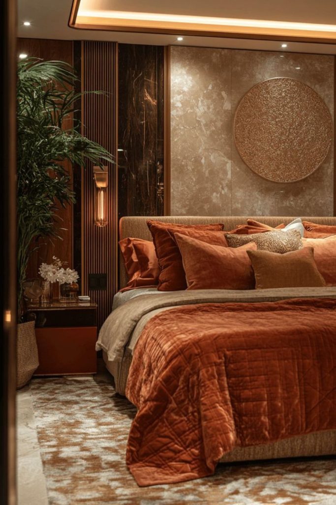 Copper accent luxurious contemporary bedroom interior.