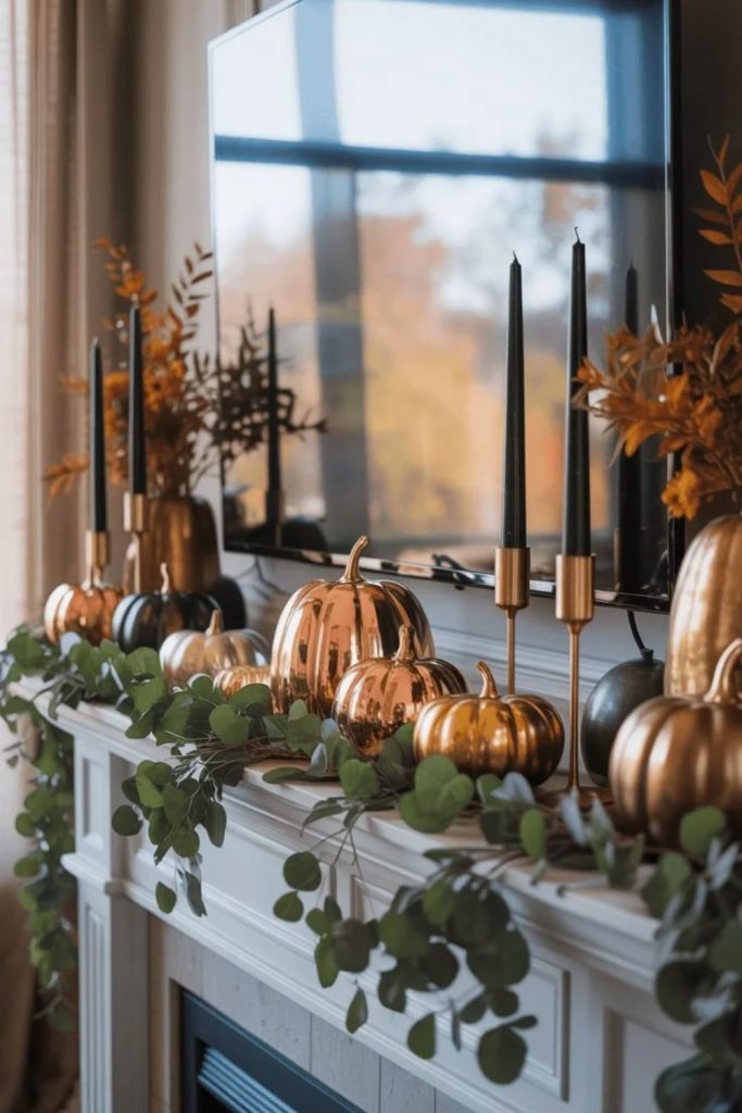 Copper pumpkin mantel with warm autumn styling.