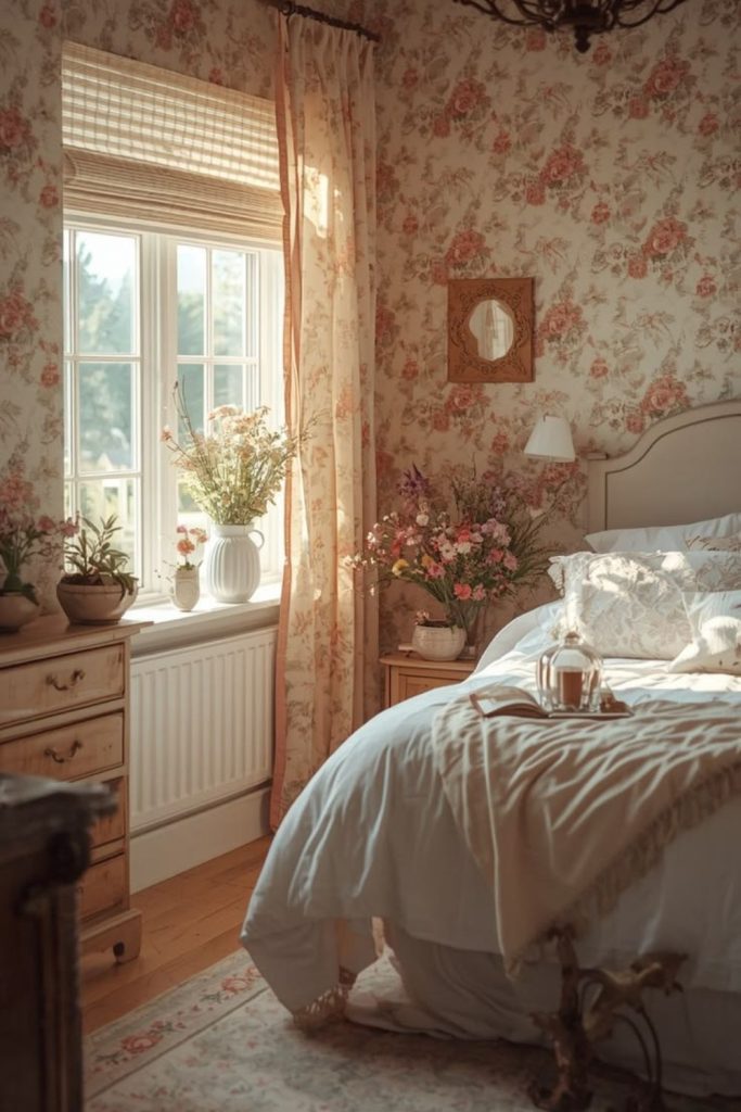 Cottage floral bedroom with vintage quilts.