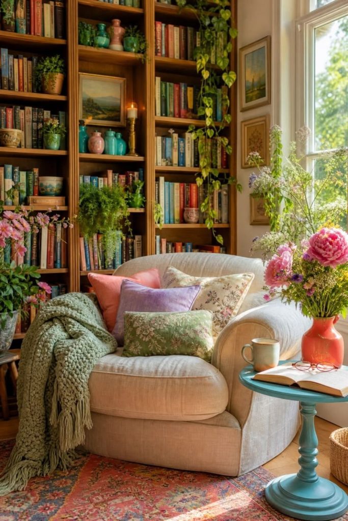 Charming cottage library with floral accents.