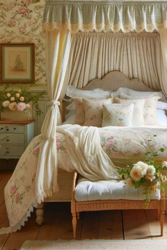 Cottage floral canopy bedroom design.