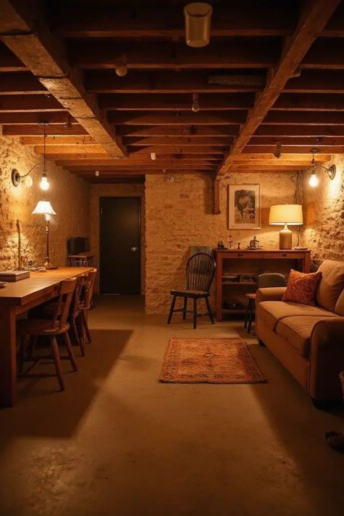 Cottage-inspired unfinished basement corner