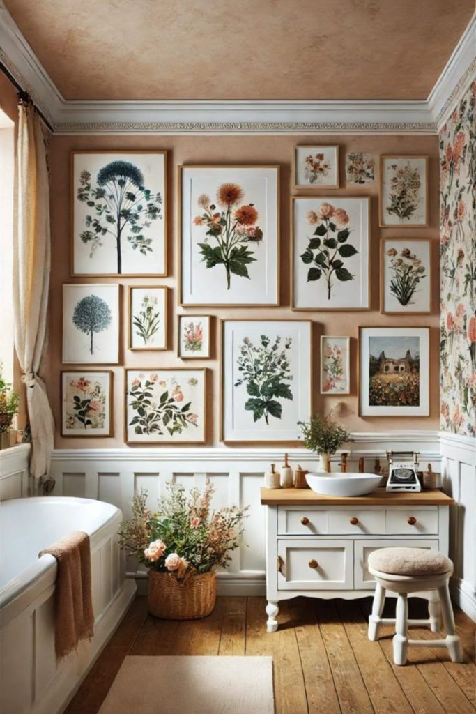Cottagecore bathroom artwork gallery wall