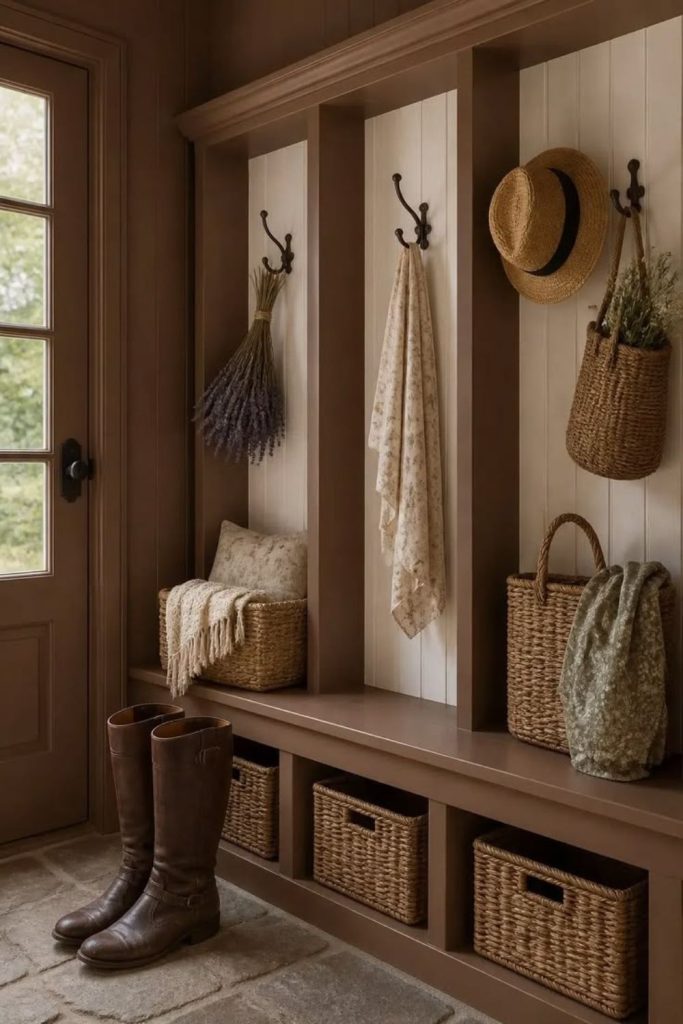 Sage cottagecore boot room storage nook.