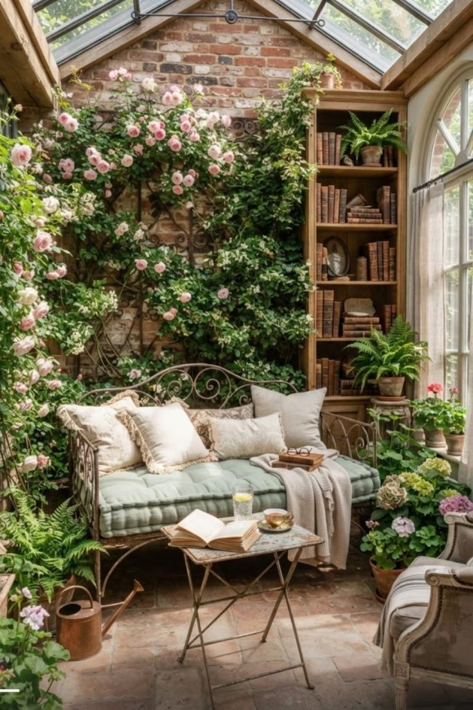 Charming cottagecore conservatory with vintage details.