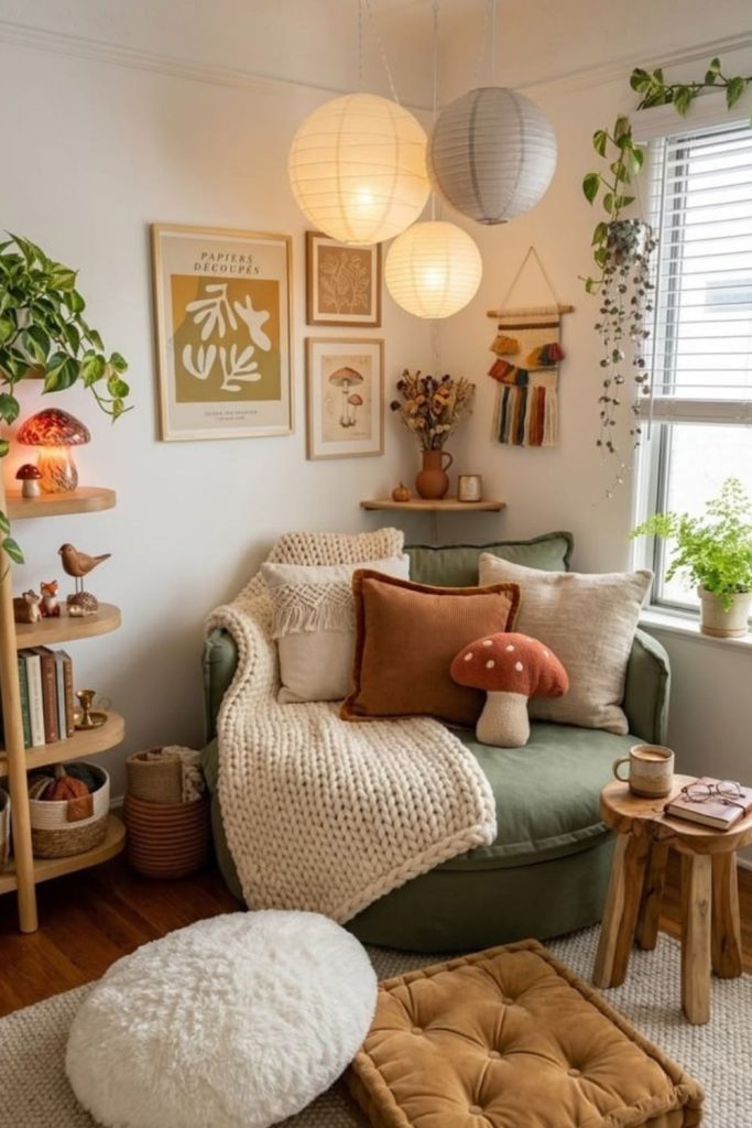 Cottagecore floral book reading corner.