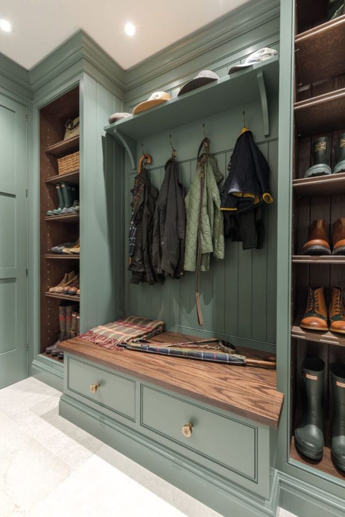 Navy country estate boot room design.