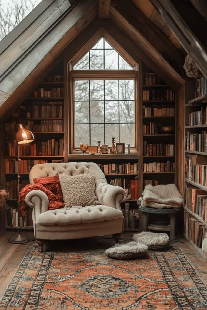 Cozy attic library beneath sloped ceilings.