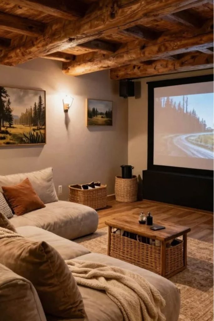 Cozy unfinished basement movie nook