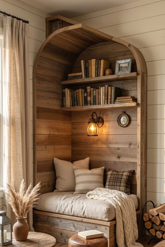 Rustic cabin cozy book nook.