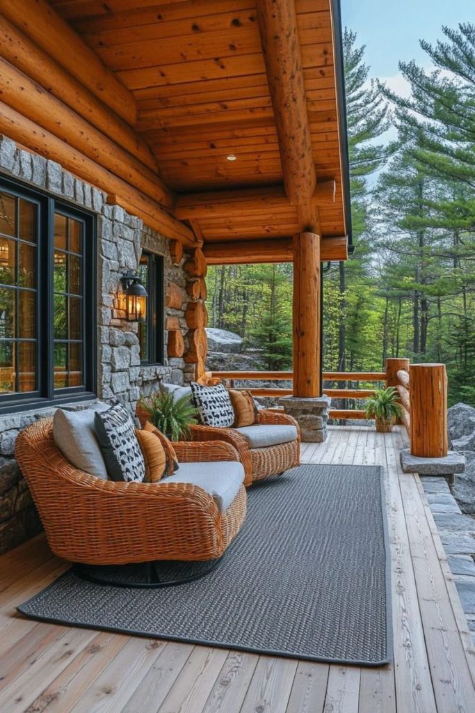 Cozy cedar cabin front exterior.