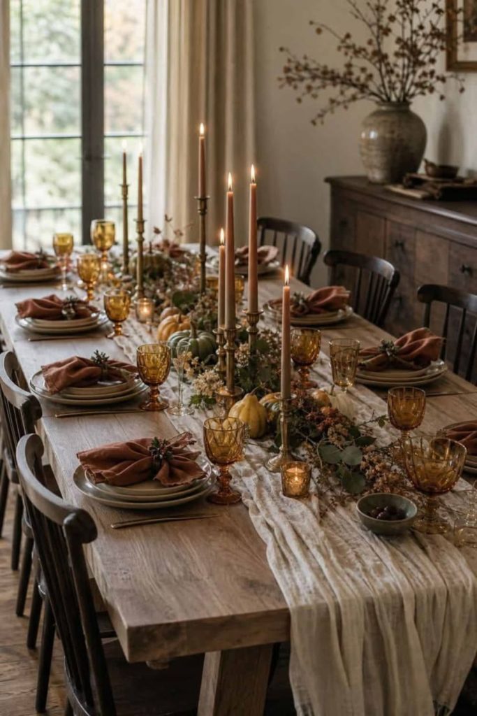 Cozy farmhouse Thanksgiving candlelit table