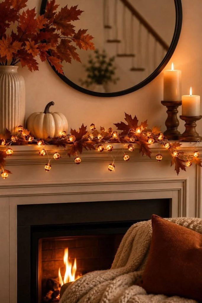 Cozy cottage mantel with vintage autumn decor.