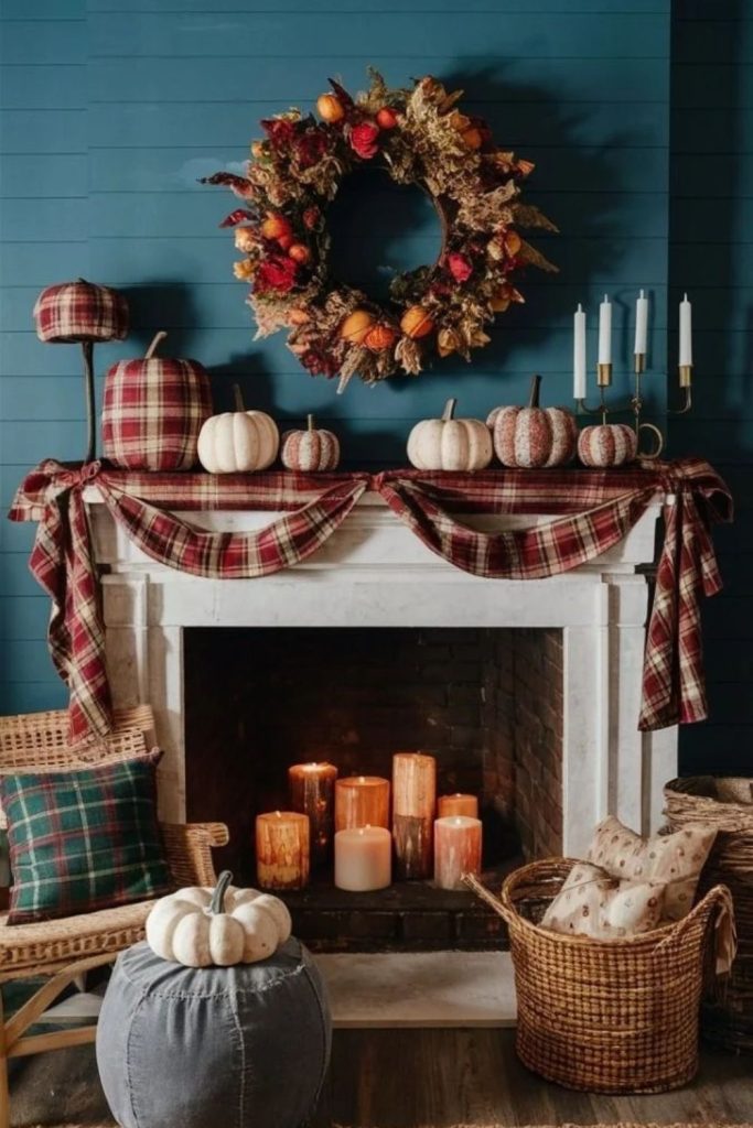 Cozy plaid mantel with rustic fall decorations.