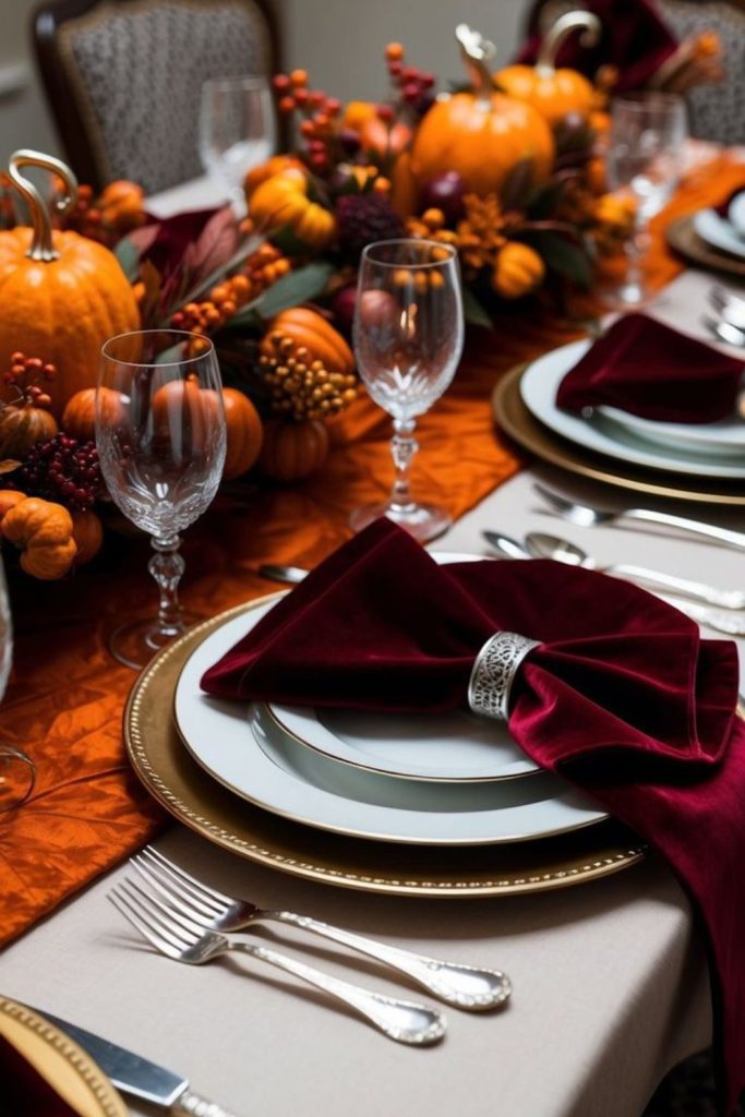 Cranberry velvet Thanksgiving tablescape centerpiece