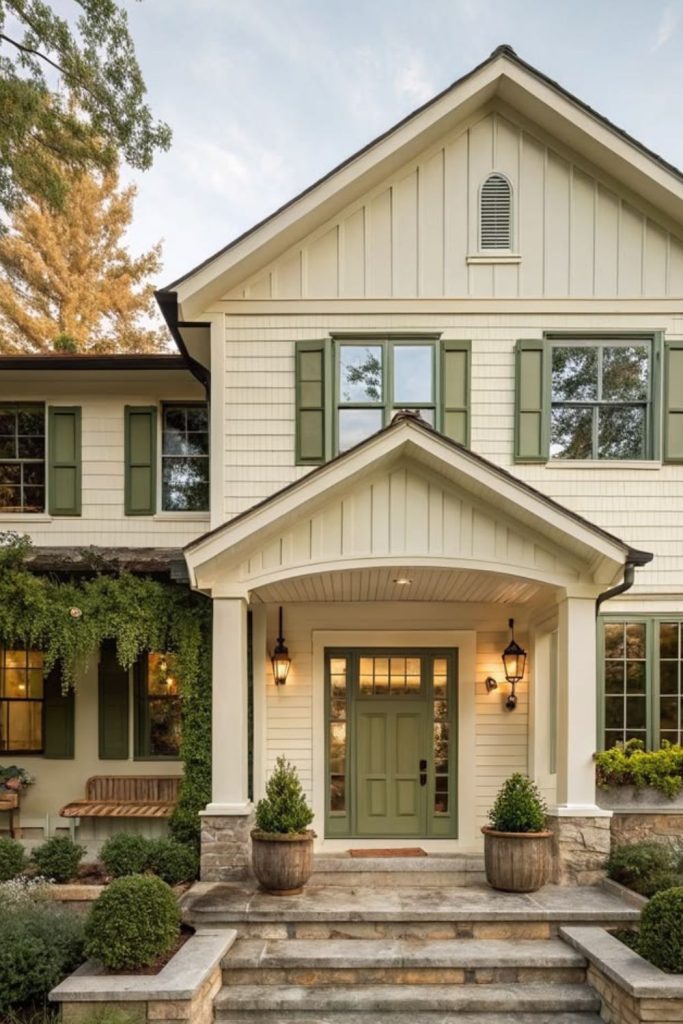 Creamy beige exterior with olive green.