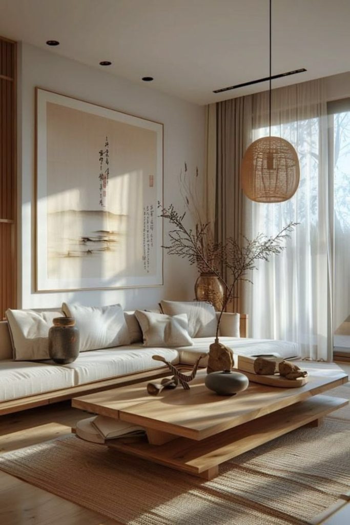 Creamy minimalist Japandi living room.
