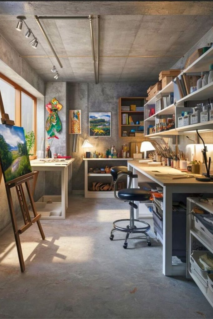 Creative raw unfinished basement studio