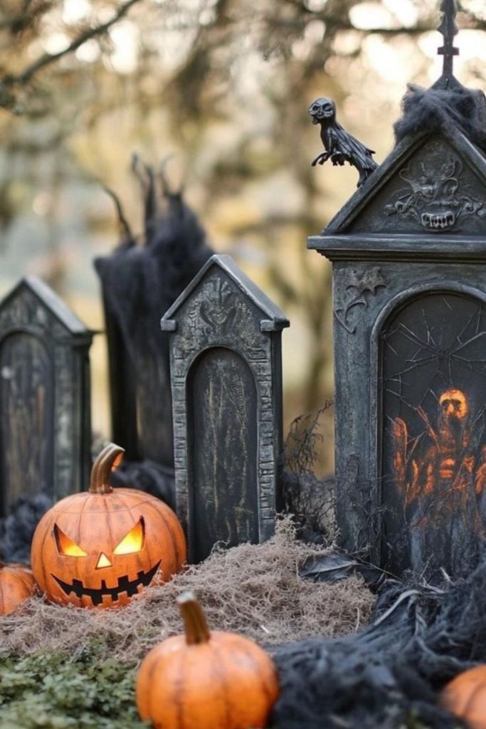 Creepy cemetery fence with skeleton details.