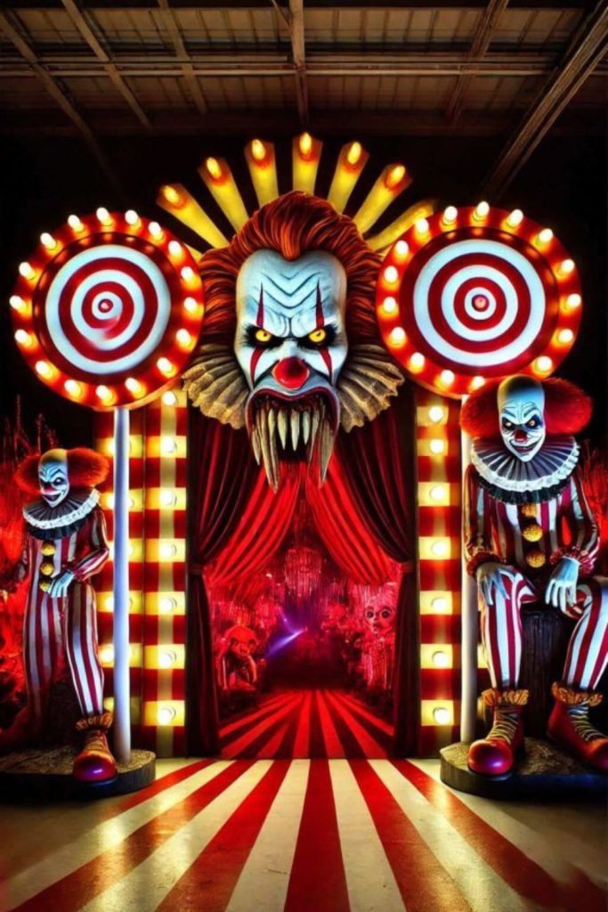 Creepy clown entrance with carnival decorations.