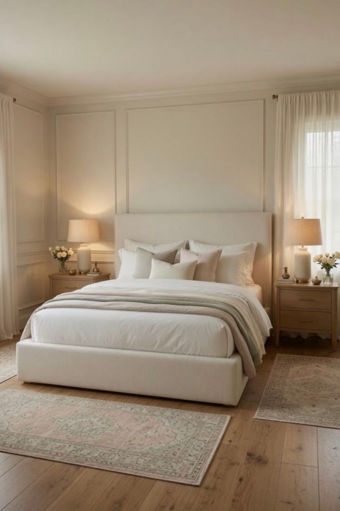 Bright linen luxury bedroom with crystals.
