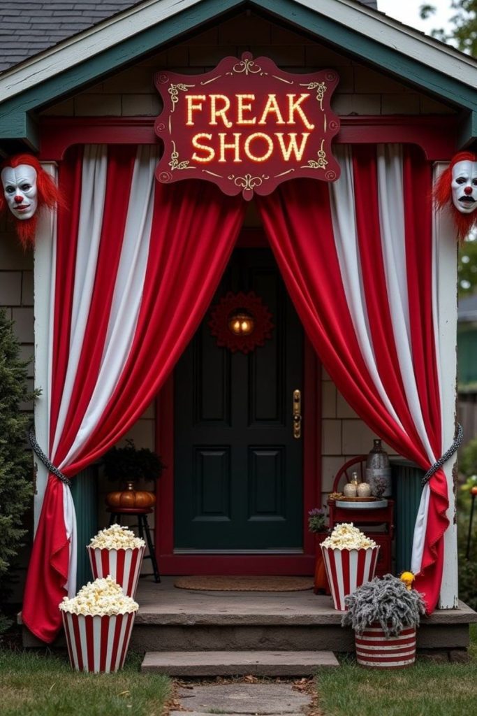 Abandoned carnival themed spooky front porch.