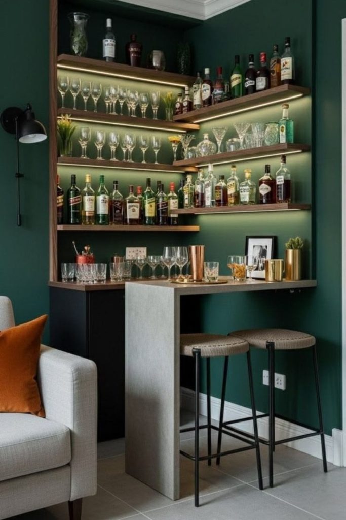 DIY unfinished basement bar nook