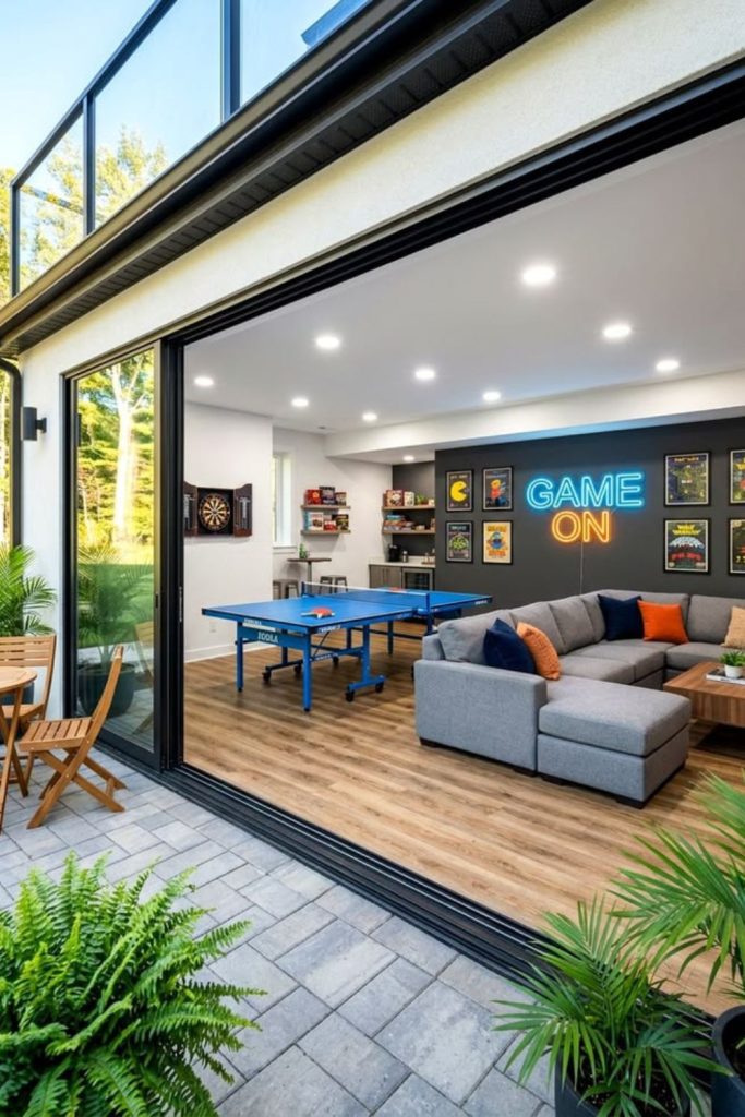 DIY unfinished basement game zone
