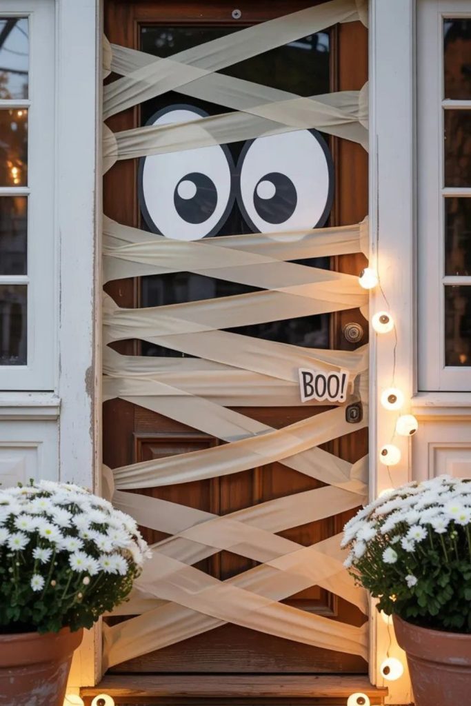 DIY mummy Halloween front door decoration
