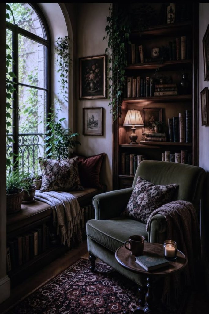 Dark Academia moody book nook.